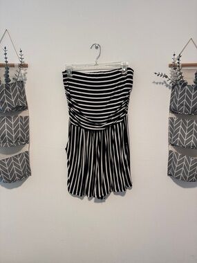 Fashion Nova Black and White Striped Strapless Romper